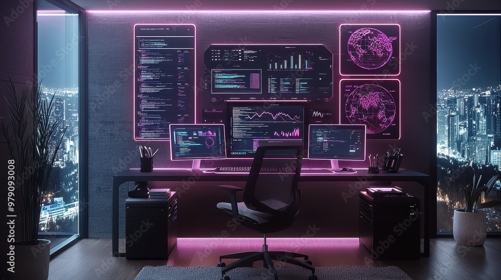 Poster modern hacker workstation with neon lights city view and data visualizations