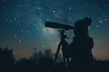 A person peering through a telescope in the middle of a dark, starry night, eyes filled with wonder as they discover an unknown constellation.