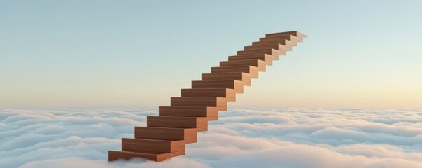 A surreal wooden staircase ascends into the clouds, symbolizing a journey to the unknown and the dreamlike nature of aspirations.