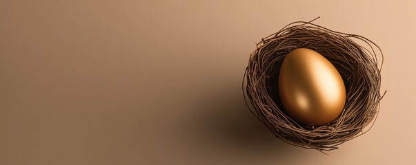 A stunning golden egg nestled in a cozy nest, symbolizing prosperity and new beginnings, against a...