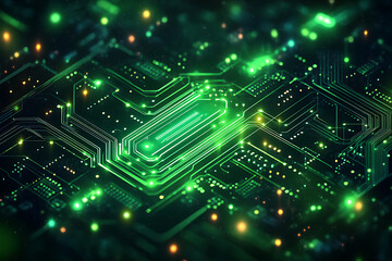 Obraz premium Abstract representation of a circuit board with glowing neon lines and geometric patterns against a dark background. The image evokes a high-tech, futuristic feel with ample copy space 