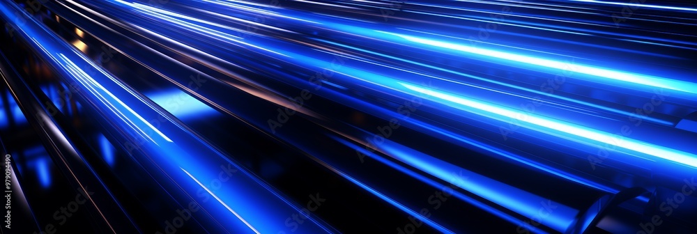 Poster vibrant blue light streaks create dynamic patterns across a dark surface in a modern art display