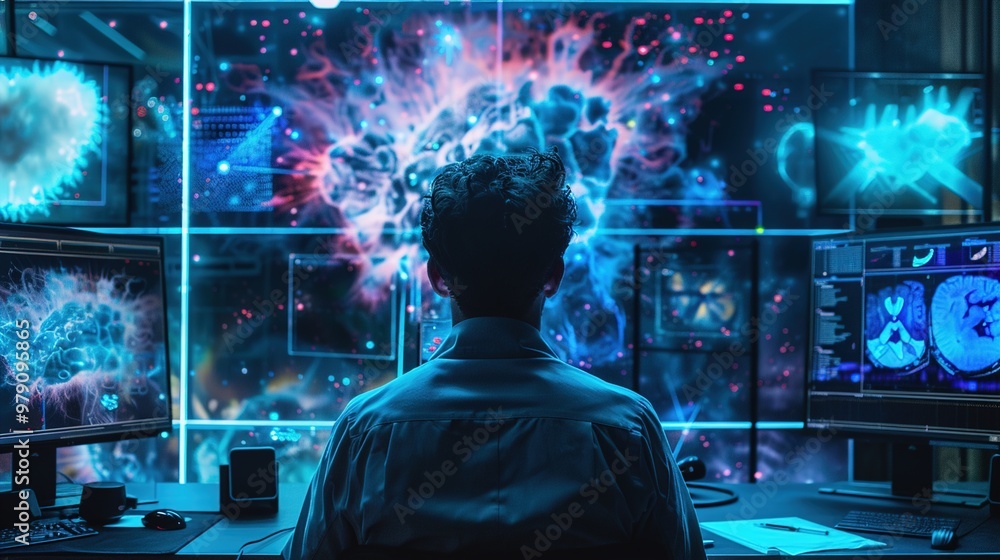 Poster a scientist watching in awe as a new form of artificial intelligence comes to life on a monitor, glo