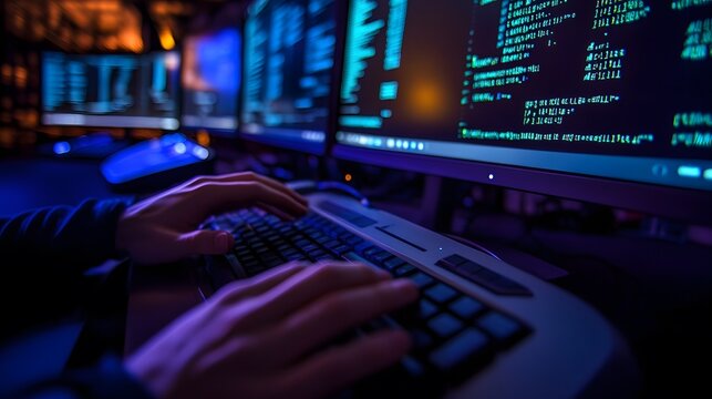 A hacker typing on a keyboard in a dark room with multiple monitors displaying code