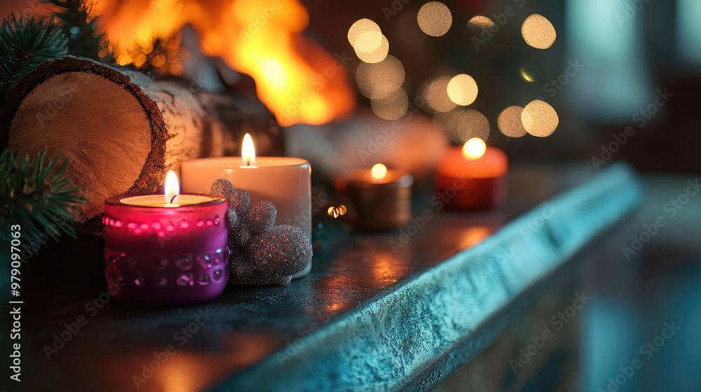 Poster cozy scene featuring colorful candles illuminating a warm fireplace, creating a serene atmosphere pe