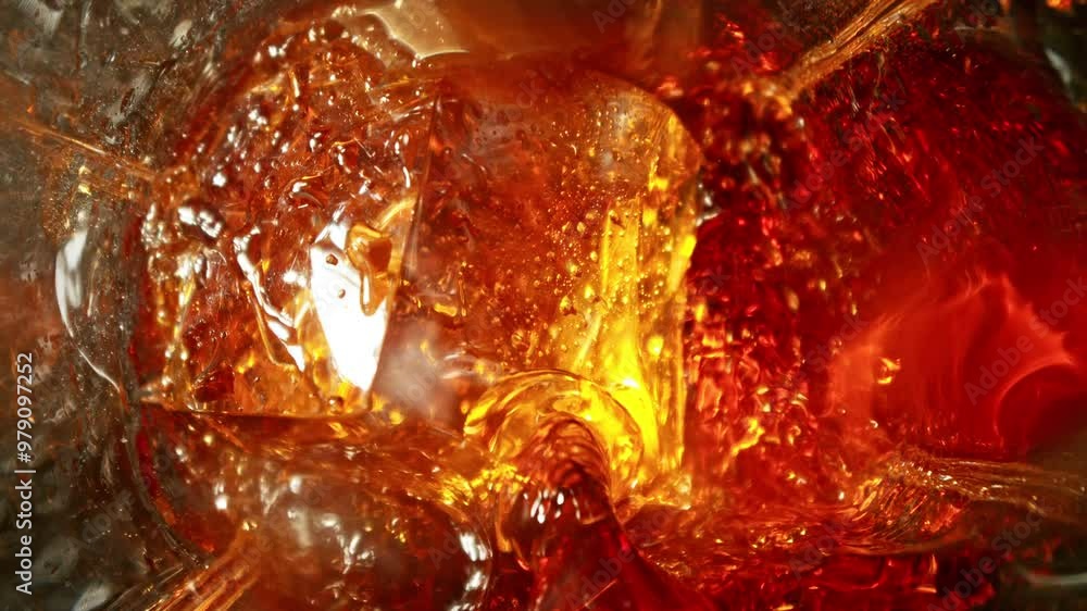 Poster super slow motion of falling ice cube into cola drink. filmed on high speed cinema camera, 1000 fps,