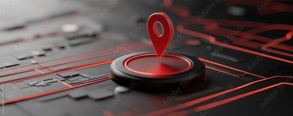 Poster a striking 3d red location pin on a dark, tech-inspired background, perfect for illustrating navigat