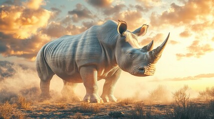 Fototapeta premium A majestic 3D rhinoceros with a soft pastel background on the right, showcasing the power and resilience of this endangered zoo species