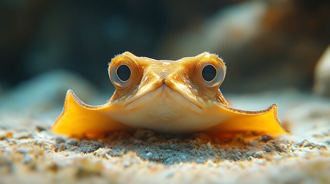 A close-up of a yellow stingray with large eyes looking directly at the camera.