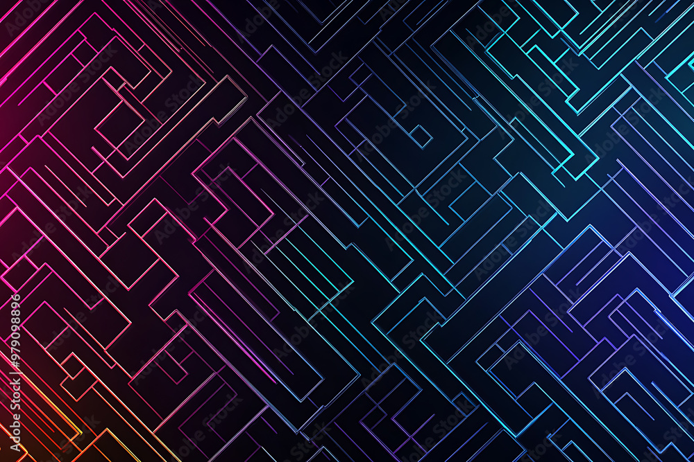 Wall mural a vector graphic featuring an intricate maze pattern in vibrant neon shades of blue and dark blue on