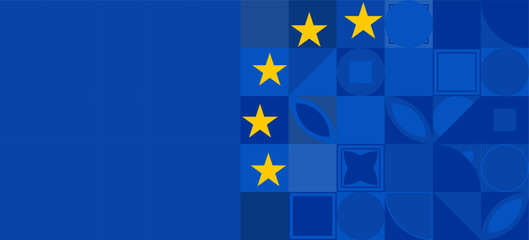 EU Europe Union flag and symbol  background, banner, wallpaper for text. Europe patriotic template golden stars and blue field	with simple geometric shapes
