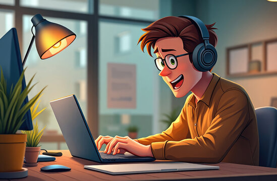 funny illustration of smiling man in office, typing on laptop with headphones, modern programmer