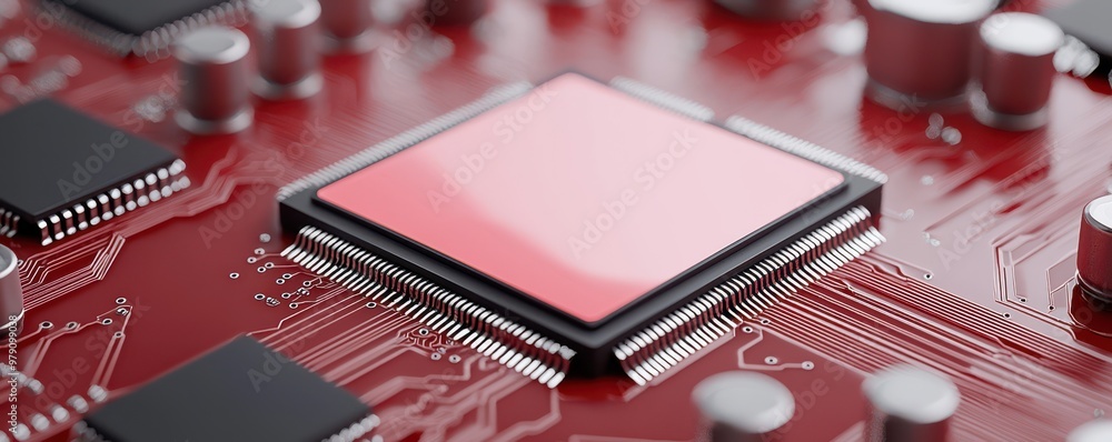 Poster close-up of a red computer chip on a circuit board, showcasing technology and modern electronics in 