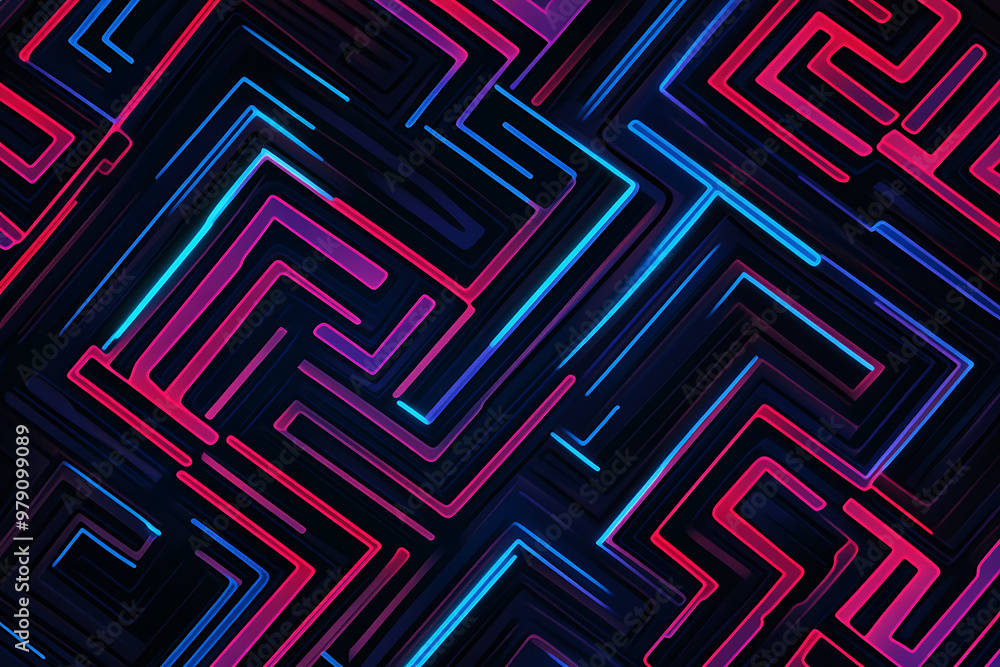 Wall mural a vector graphic featuring an intricate maze pattern in vibrant neon shades of blue and dark blue on