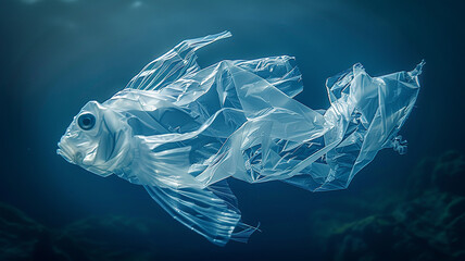 Fototapeta premium cellophane plastic bag in the shape of a fish in the depths of the sea, the concept of plastic pollution of the world's oceans