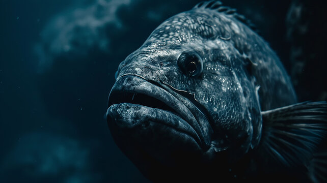 fish underwater portrait of a grouper close-up, a large predatory fish in the depths of the ocean