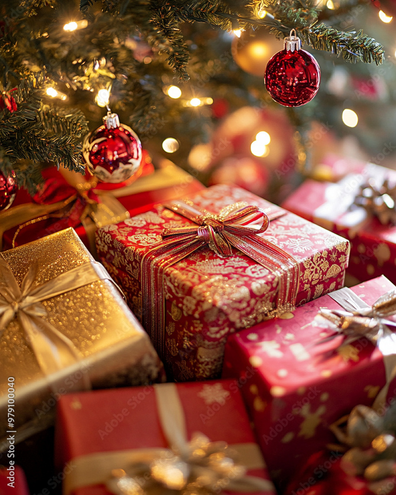 Wall mural a close-up of beautifully wrapped christmas presents under a tree, red and gold wrapping paper, twin