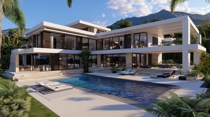 Fototapeta premium Modern Luxury Villa with Swimming Pool and Mountain View