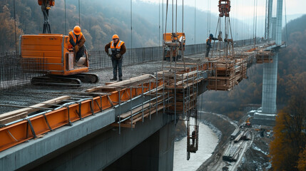 Naklejka premium Construction workers wearing safety gear work on assembling a large bridge high above a river. The bridge is under construction, with various structural elements and equipment visible.