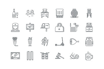 Armchair, Beach, Bin, Boat, Bread, Chair, Cheese, Coconut, Coconut, Desk, vector illustration, set of icons for business