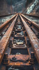 Fototapeta premium Railway tracks in a field with dry grass and blue sky