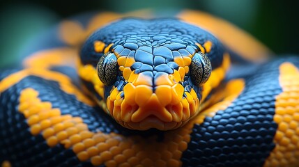 Obraz premium Close-up portrait of a black and orange snake with blue eyes, coiled on a green background.
