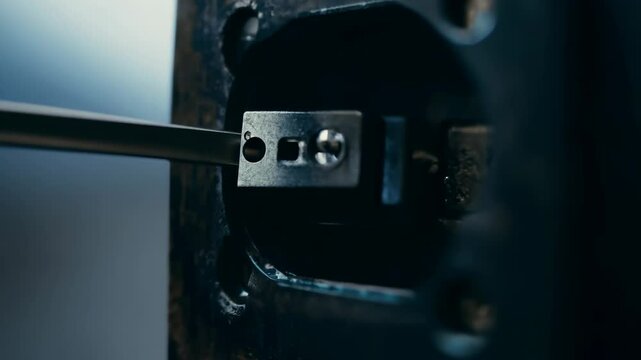 Close-up of a lock mechanism being manipulated with a tool, showcasing detailed metal components and the process of lock picking