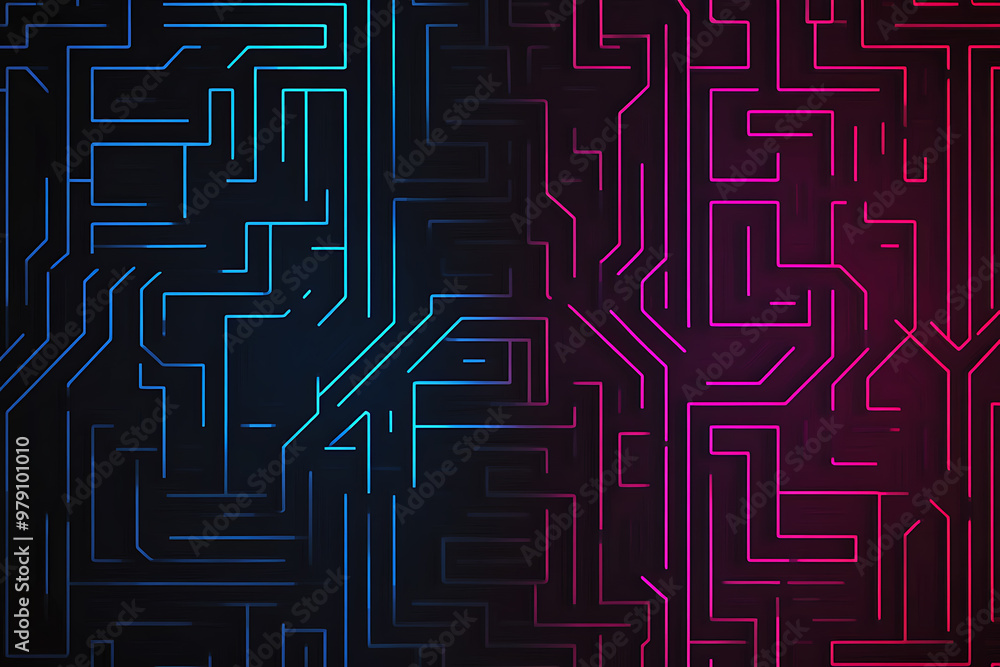 Wall mural a vector graphic featuring an intricate maze pattern in vibrant neon shades of blue and dark blue on