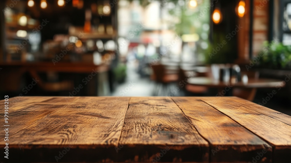 Poster a rustic wooden table in a cozy caf? setting with blurred background.