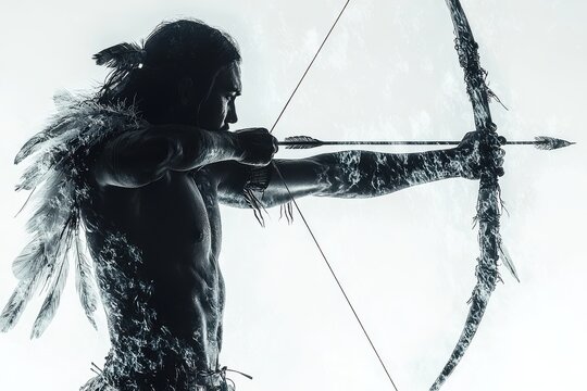 Silhouette of a Native American warrior with bow and arrow - Powered by Adobe