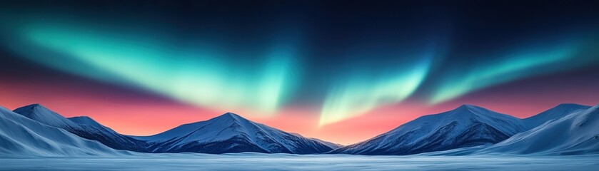 A stunning polar night scene featuring vibrant auroras illuminating snow-covered mountains under a starry sky.