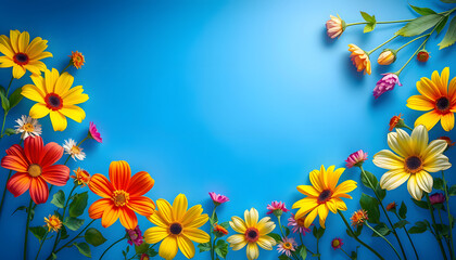 Frame made of colorful flowers on a blue background isolated with white highlights, png