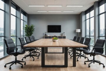 blur background of modern office with large table and chairs, filled with natural light