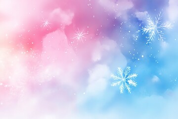 A serene winter background with soft pink and blue hues, featuring delicate snowflakes and a dreamy cloud effect.