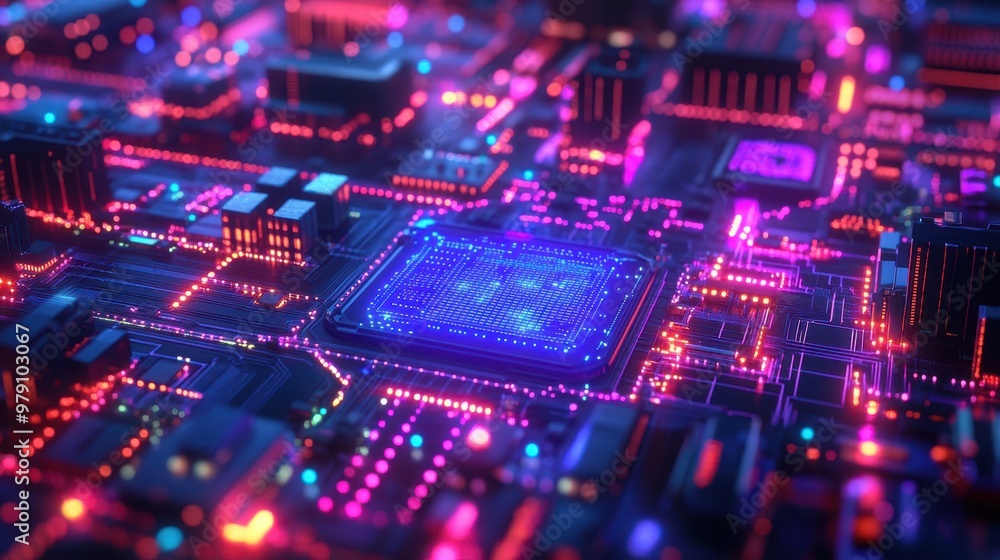 Poster neon futuristic cityscape with glowing data lines and high-tech pathways