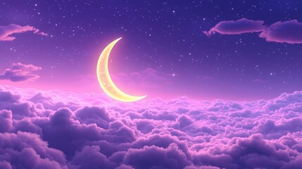 Purple Sky with Crescent Moon and Stars Above Clouds