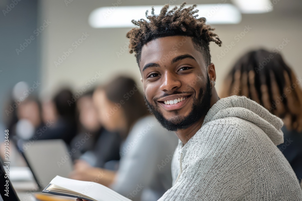 Poster smiling young male student in an open study space with classmates in the background, studying and en