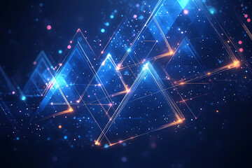 A digital vector illustration featuring abstract triangles and rhombuses in blue and neon tones. The geometric tech design has a modern feel with digital lines on a dark blue background, leaving space