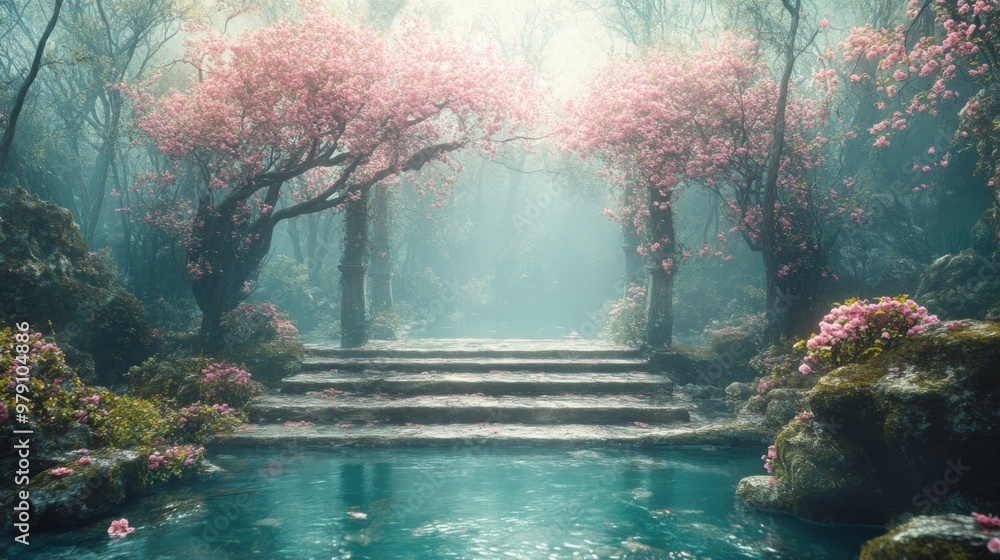 Wall mural Mystical Stone Pathway Through a Blossoming Forest