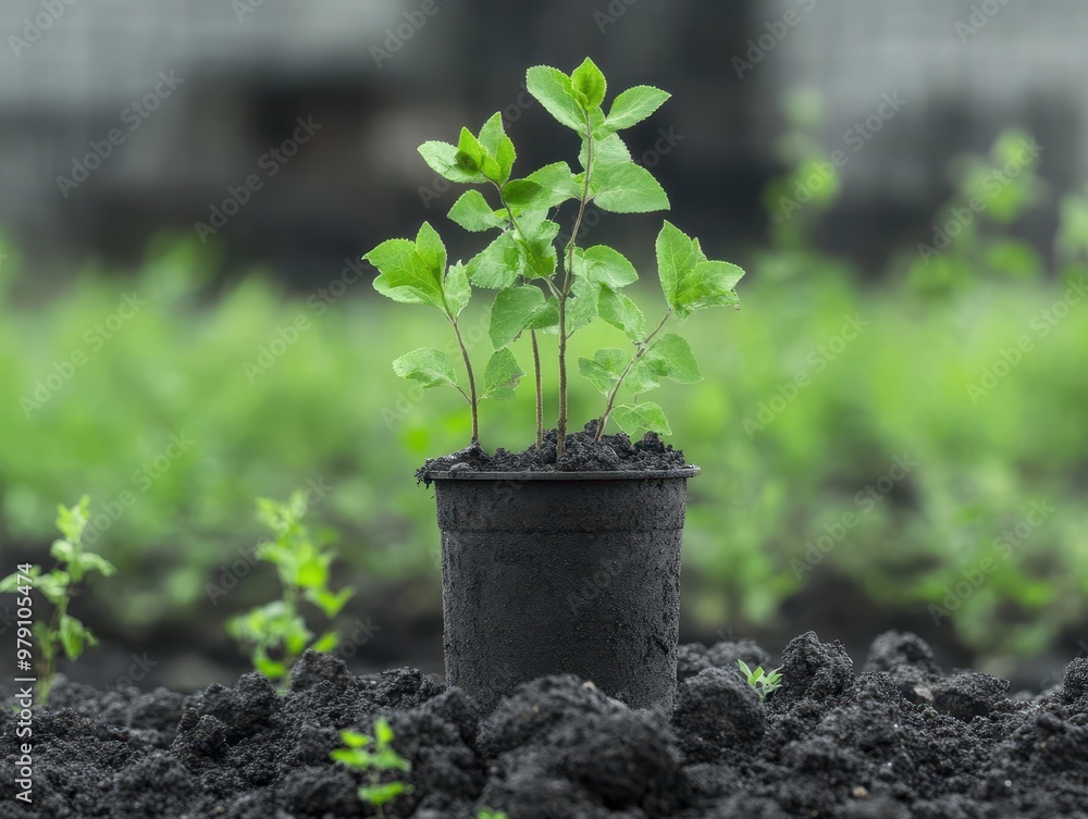 Wall mural a small plant sprouts from a pot, symbolizing growth and renewal, surrounded by fertile soil and lus