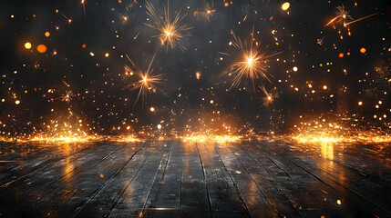 Abstract Background with Golden Sparks Falling on Dark Wooden Floor