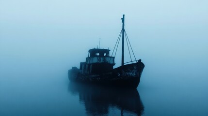 Naklejka premium A solitary boat floats in a thick fog, creating a mysterious and serene atmosphere on the tranquil water.