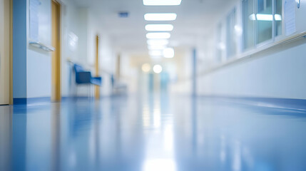 Fototapeta premium A Blurry Perspective of a Hospital Corridor with a Blue Floor and White Walls, Leading to a Brightly Lit Area in the Distance, Illustrating the Concept of Healthcare and Healing