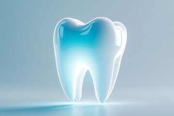 A digitally enhanced tooth with a glowing effect, symbolizing perfect dental health, floating in a pristine, white background. 