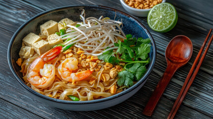 A close-up image featuring a delicious serving of Pad Thai noodles in a bowl, garnished with fresh ingredients and ready to be enjoyed.