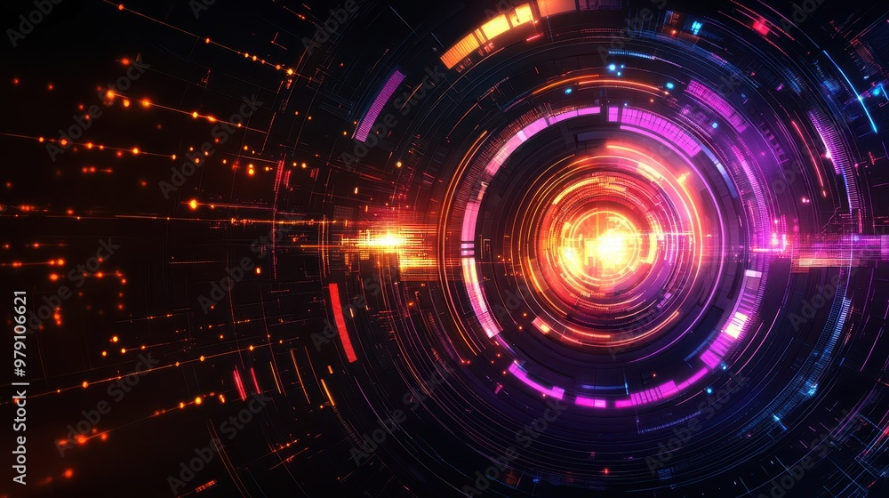 Poster futuristic cyberpunk cityscape: abstract neon information flow in high-tech digital patterns