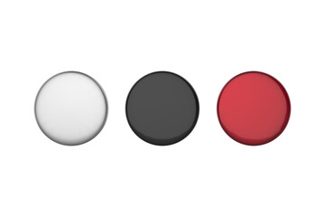 white, black and red button badge isolated on white, top view. Mockup for design. 3d illustration