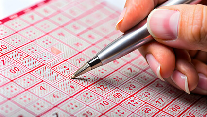 Close-up of woman's hand circling numbers on 649 lottery ticket, lottery, ticket, woman, hand, close-up, marking, number, circle