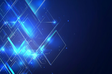A digital vector illustration featuring abstract triangles and rhombuses in blue and neon tones. The geometric tech design has a modern feel with digital lines on a dark blue background, leaving space