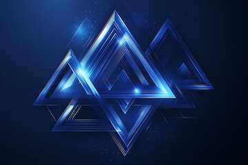 A digital vector illustration featuring abstract triangles and rhombuses in blue and neon tones. The geometric tech design has a modern feel with digital lines on a dark blue background, leaving space